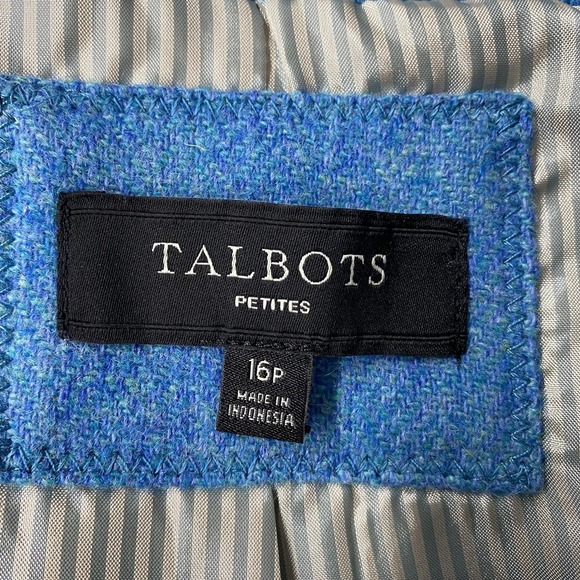 Talbots Blazer Womens 16 Petite Blue Wool Herringbone Tweed Lined Jacket Office - Picture 7 of 15